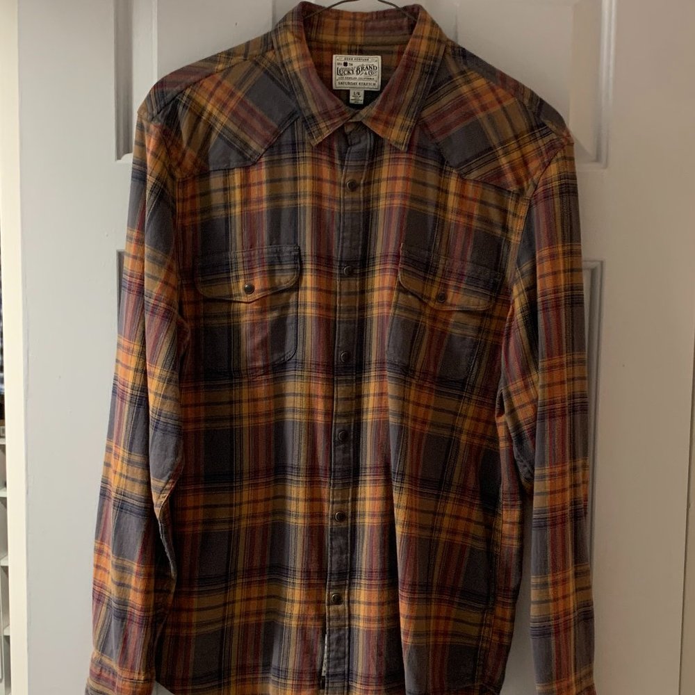 Lucky Brand Men's Western Cotton Button Down Plaid Shirt Size L Large Excellent